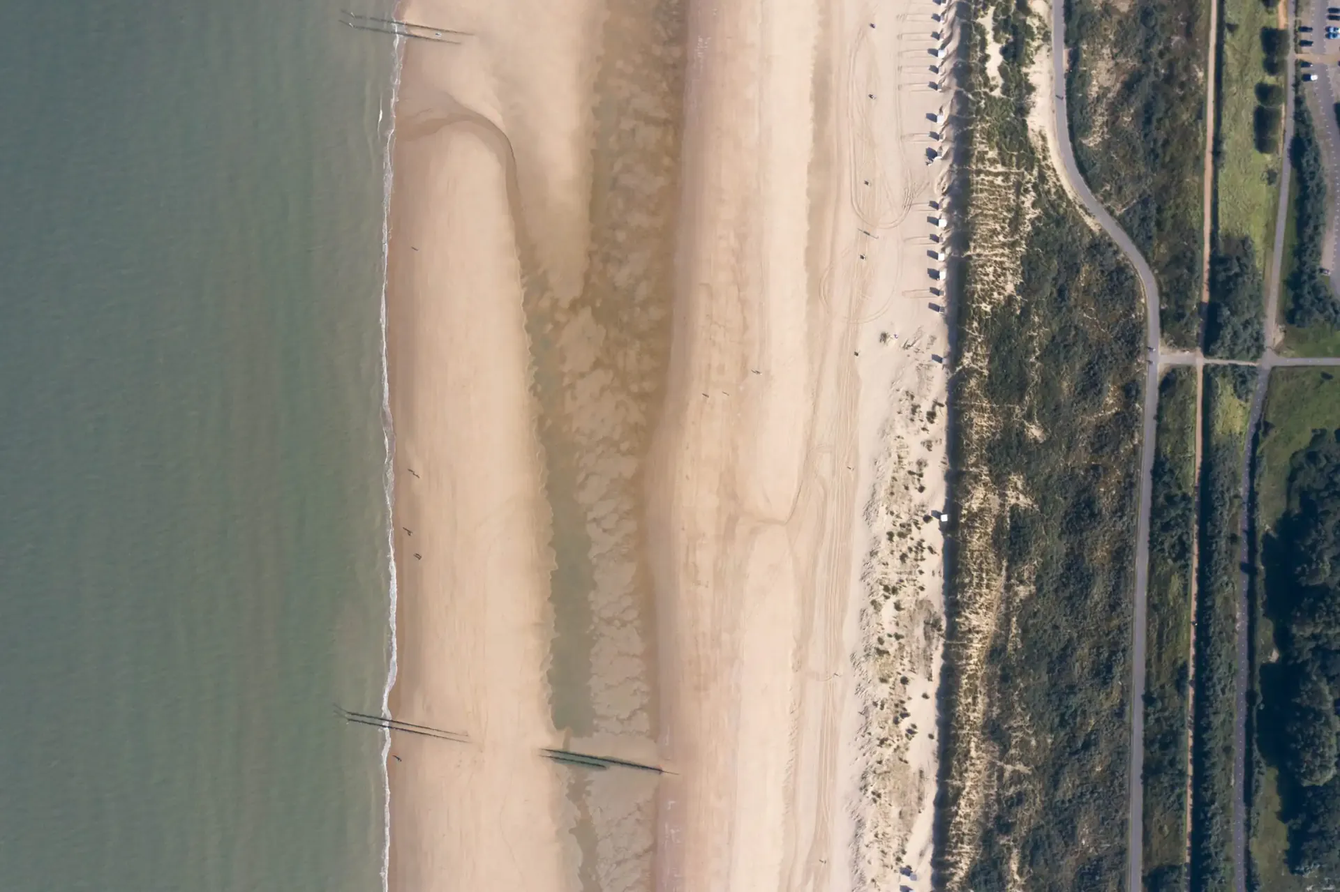 Aerial view of the coast and polders crossed by the cycling routes around Groede